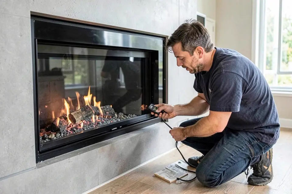 Technician performing gas fireplace not staying lit at an Ontario home