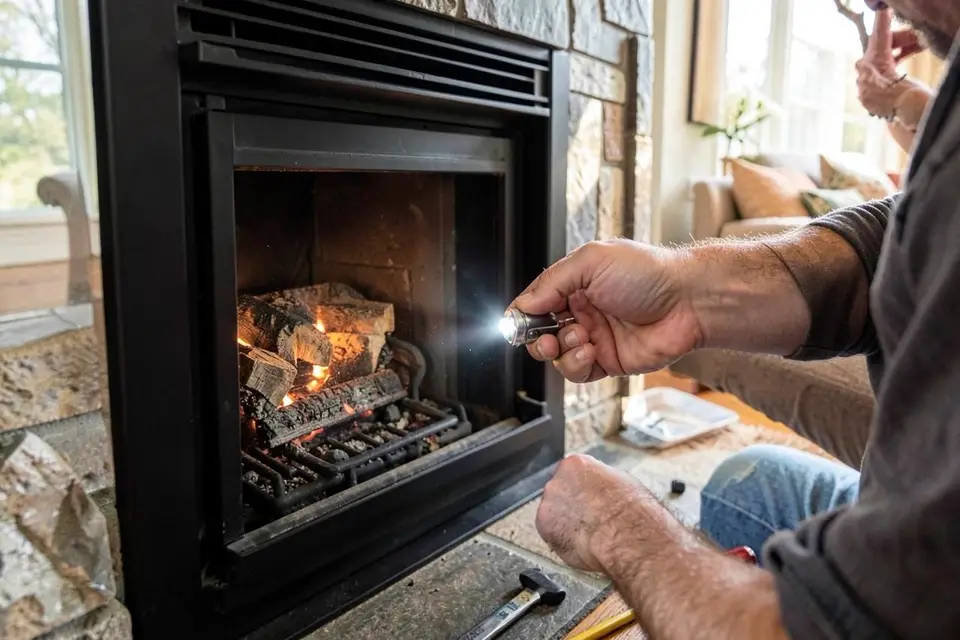 Technician performing gas fireplace pilot light repair at an Ontario home