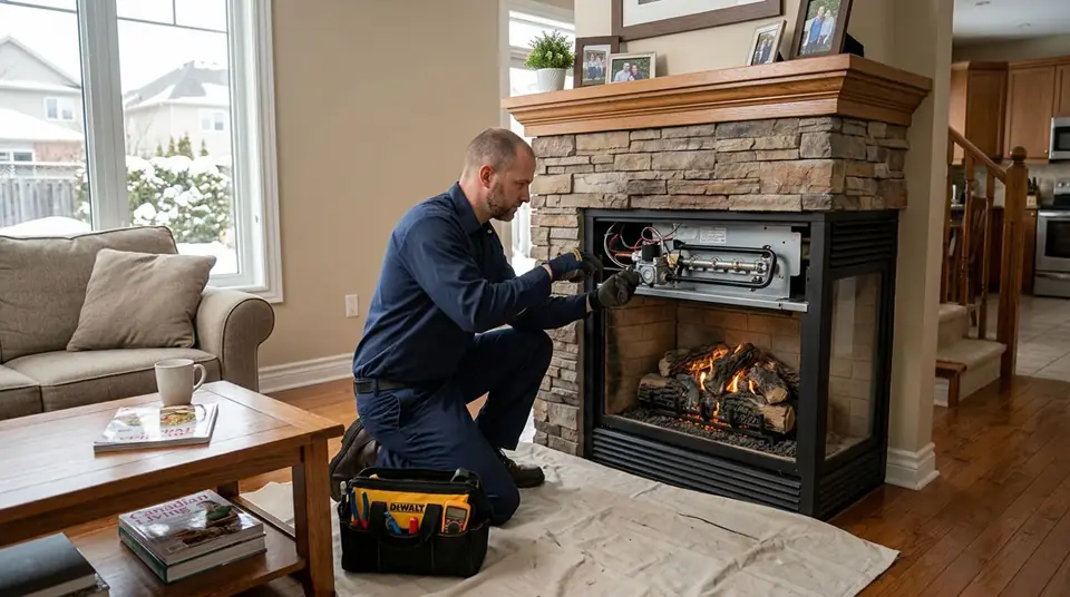 Technician performing gas fireplace repair at an Ontario home