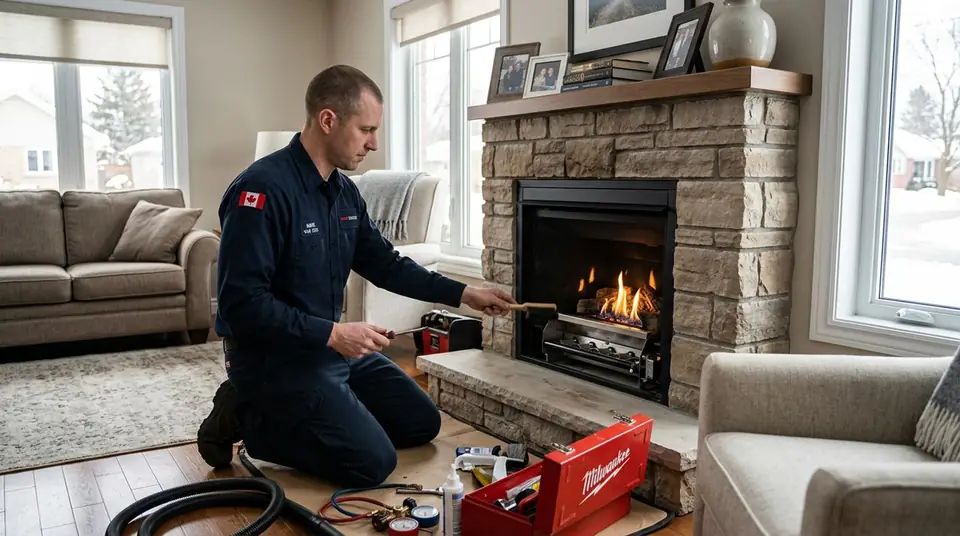 Technician performing gas fireplace service at an Ontario home