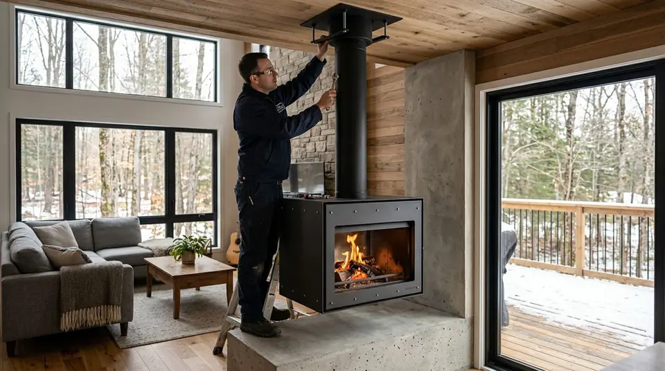 Technician performing hanging and suspended fireplace installation at an Ontario home