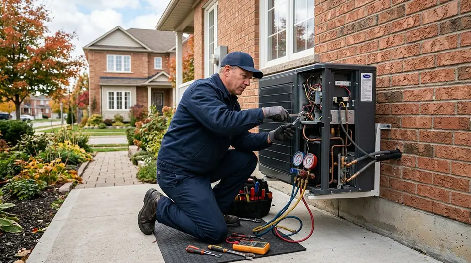 Technician performing heat pump repair at an Ontario home