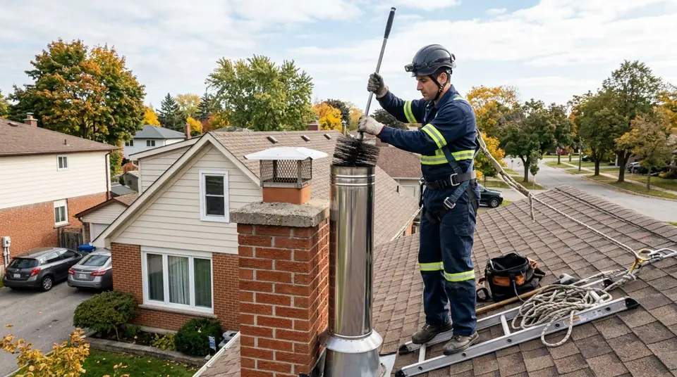 Technician performing industrial chimney services at an Ontario home