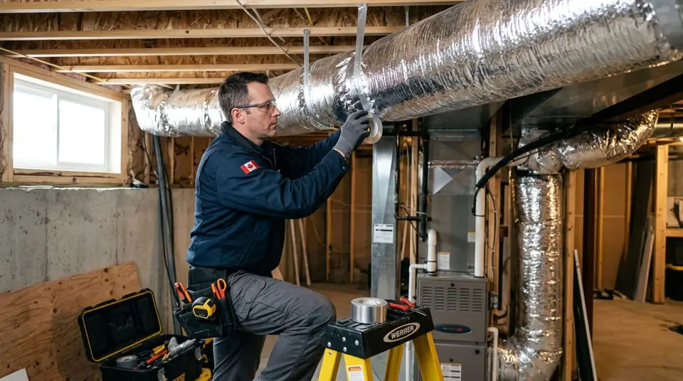 Technician performing insulated ductwork services at an Ontario home