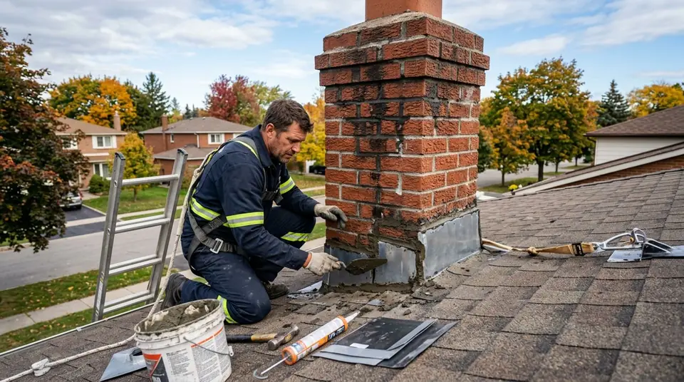 Technician performing leaking chimney repair at an Ontario home