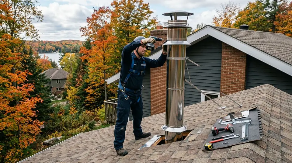 Technician performing metal chimney installation at an Ontario home