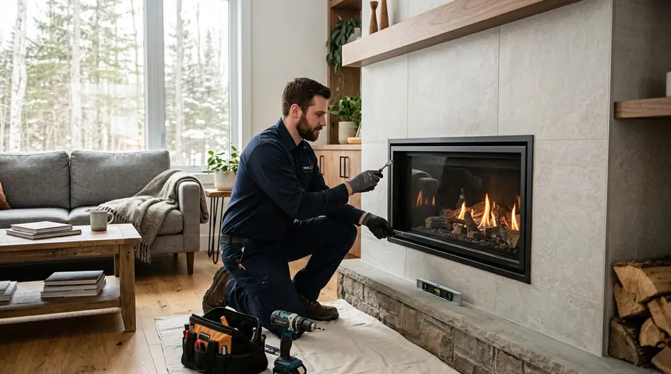 Technician performing modern fireplace design at an Ontario home