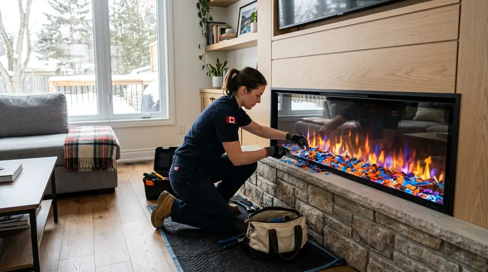 Technician performing multi-color fireplace installation at an Ontario home