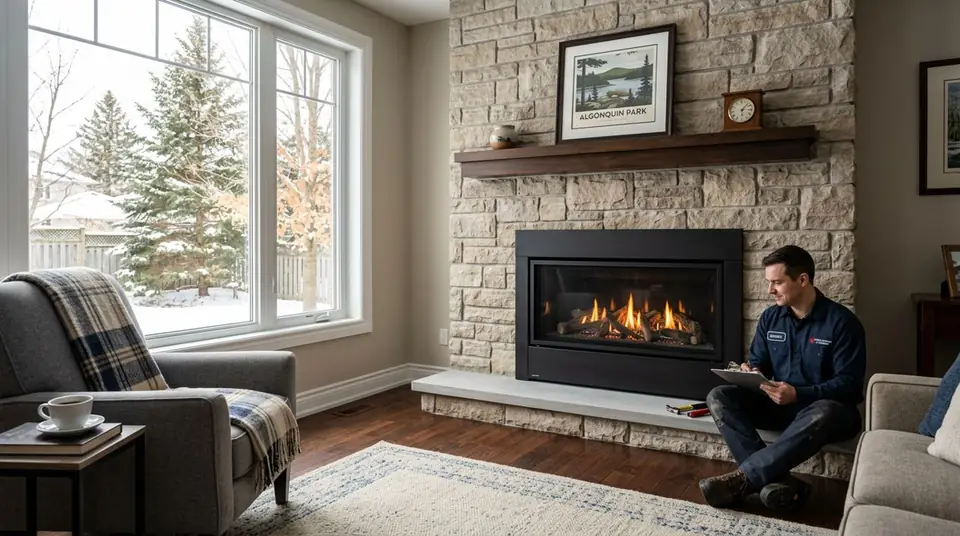 Technician performing new fireplace installation at an Ontario home