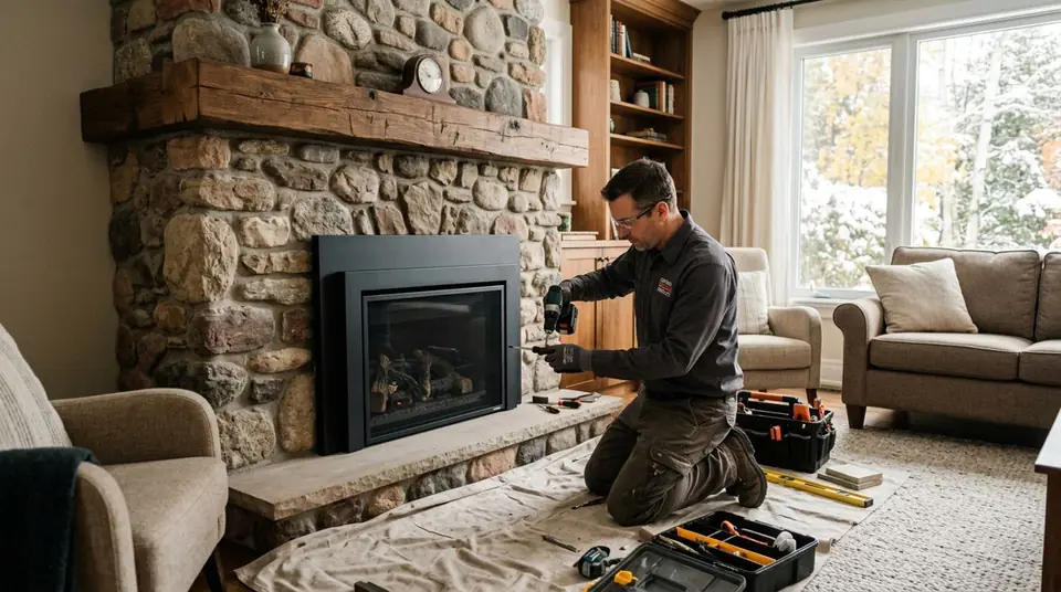 Technician performing old fireplace redesign at an Ontario home