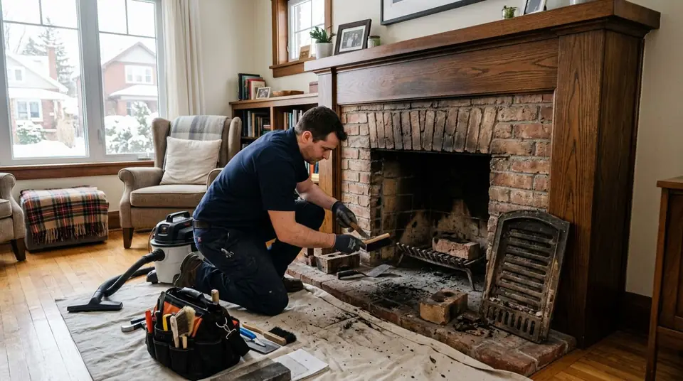 Technician performing old fireplace repair and replacement at an Ontario home