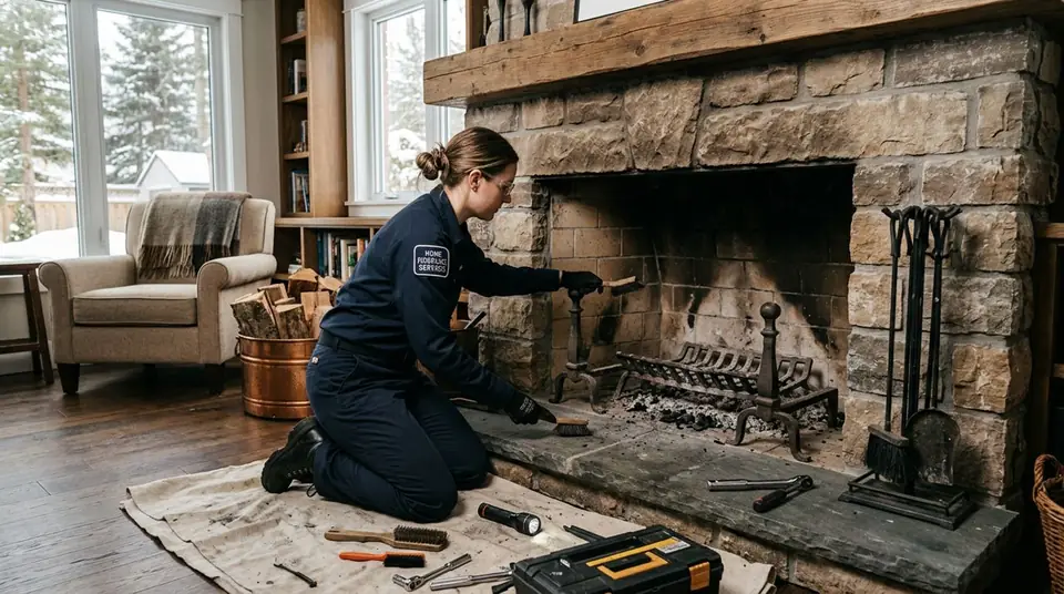 Technician performing open flame fireplace repair at an Ontario home