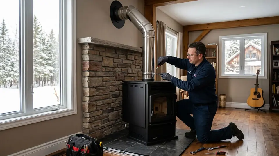 Technician performing pellet fireplace installation at an Ontario home