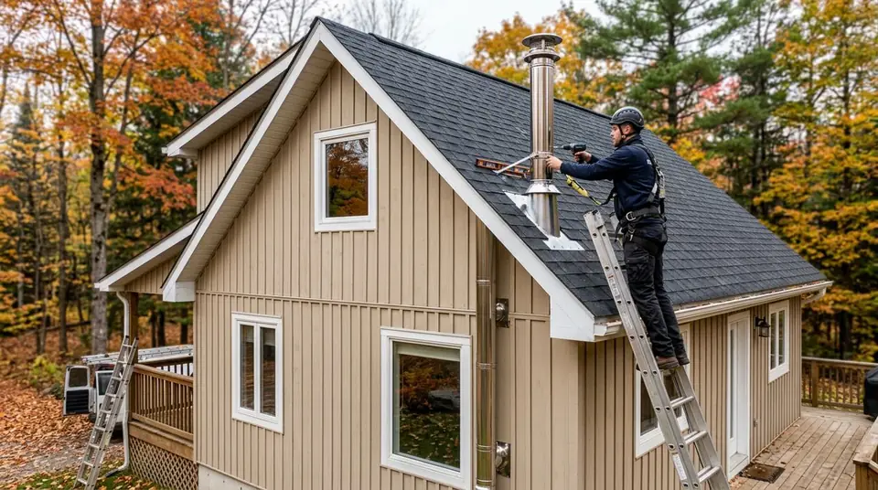 Technician performing pellet stove chimney installation at an Ontario home