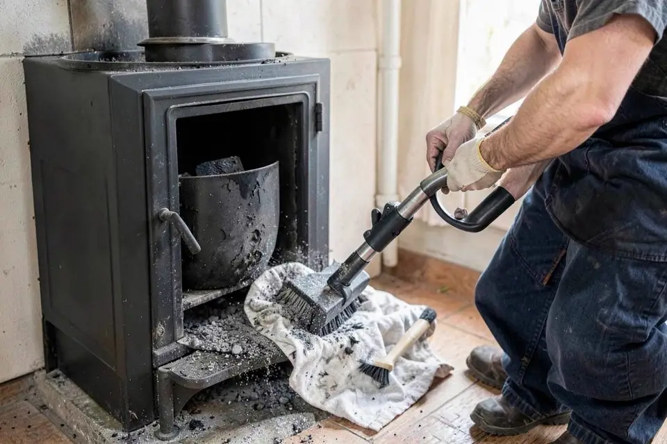 Technician performing pellet stove cleaning at an Ontario home