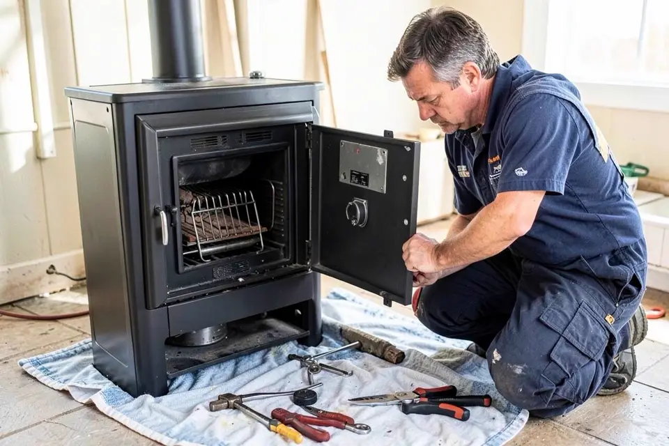 Technician performing pellet stove repair at an Ontario home