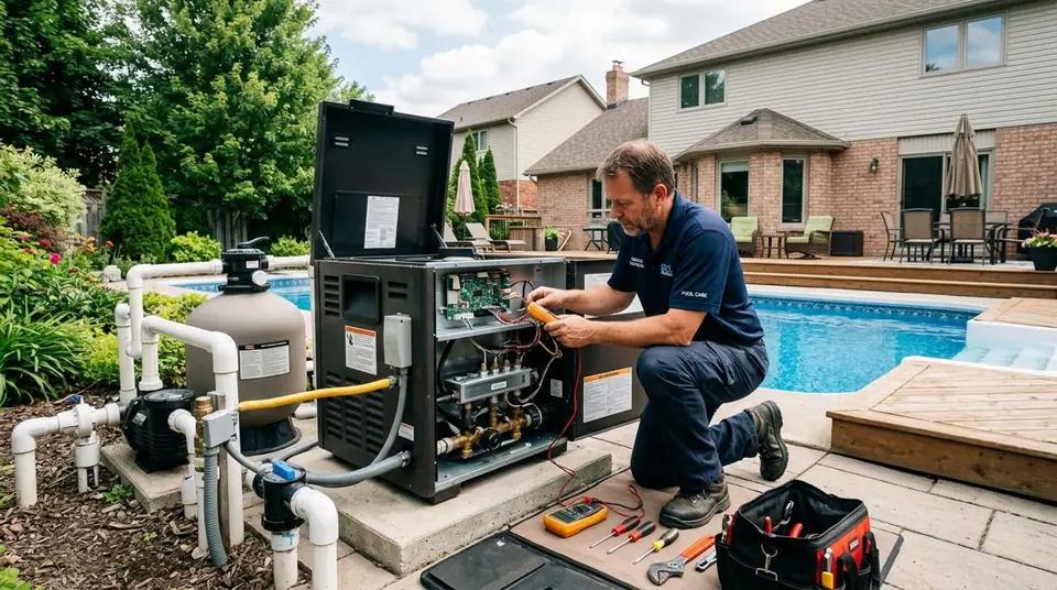 Technician performing pool heater repair at an Ontario home