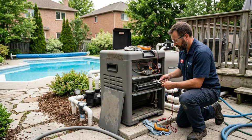 Technician performing pool heater service at an Ontario home