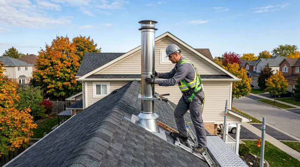 Technician performing prefab chimney installation at an Ontario home