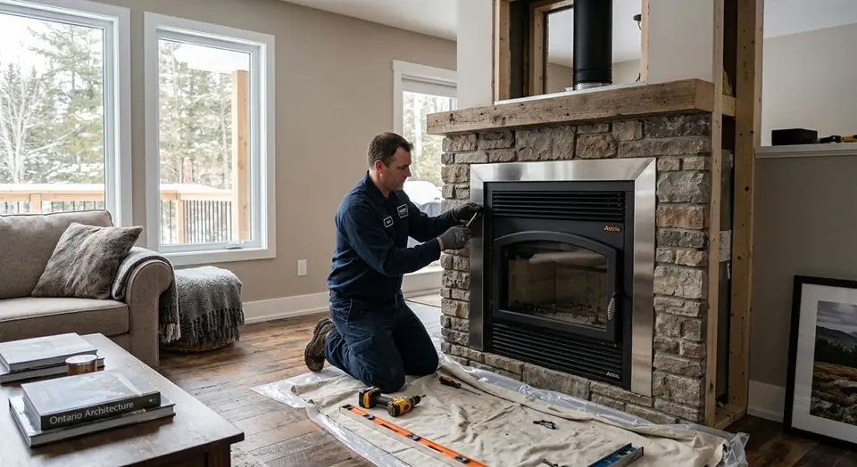 Technician performing prefabricated fireplace installation at an Ontario home