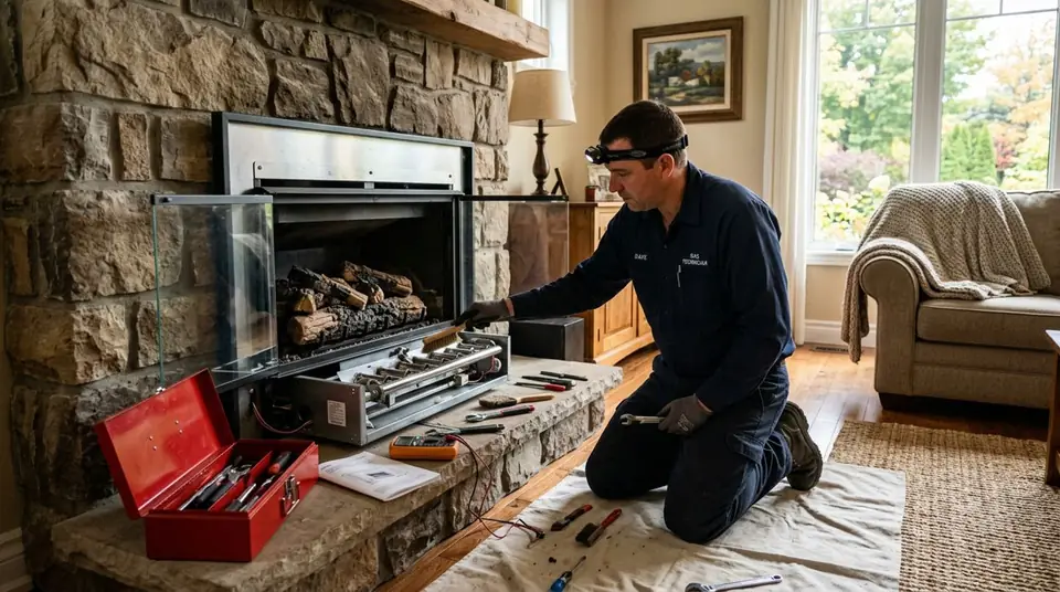 Technician performing propane fireplace repair at an Ontario home