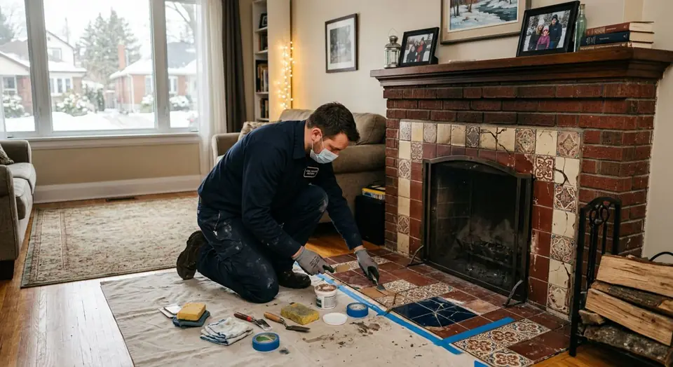 Technician performing repairing cracked fireplace tiles at an Ontario home