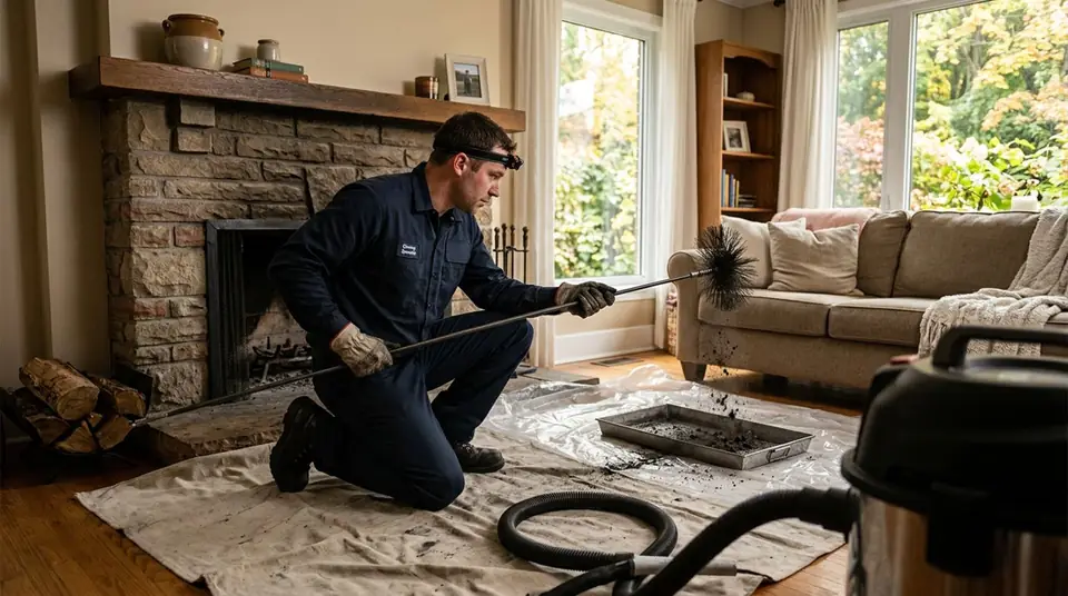 Technician performing residential chimney services at an Ontario home