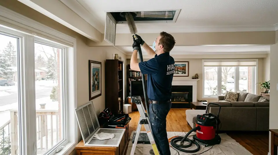 Technician performing ventilation cleaning services at an Ontario home