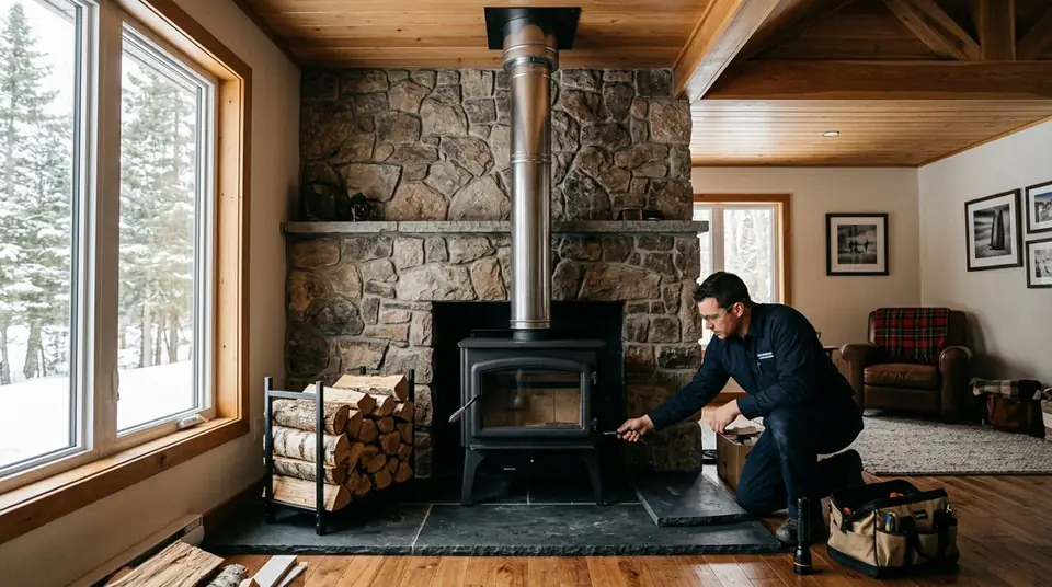 Technician performing wood fireplace installation at an Ontario home