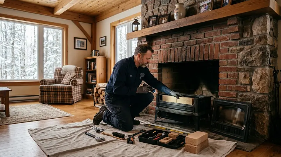 Technician performing wood fireplace repair at an Ontario home
