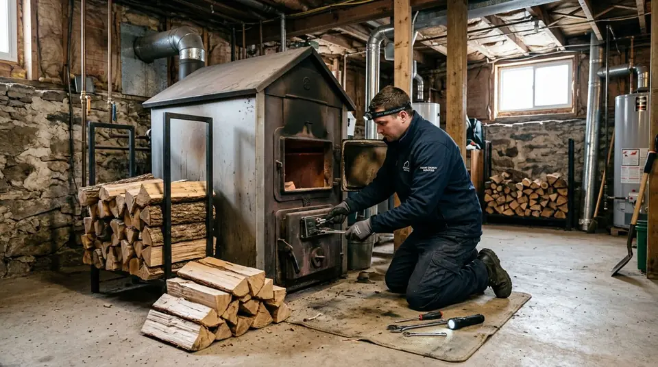 Technician performing wood furnace repair at an Ontario home