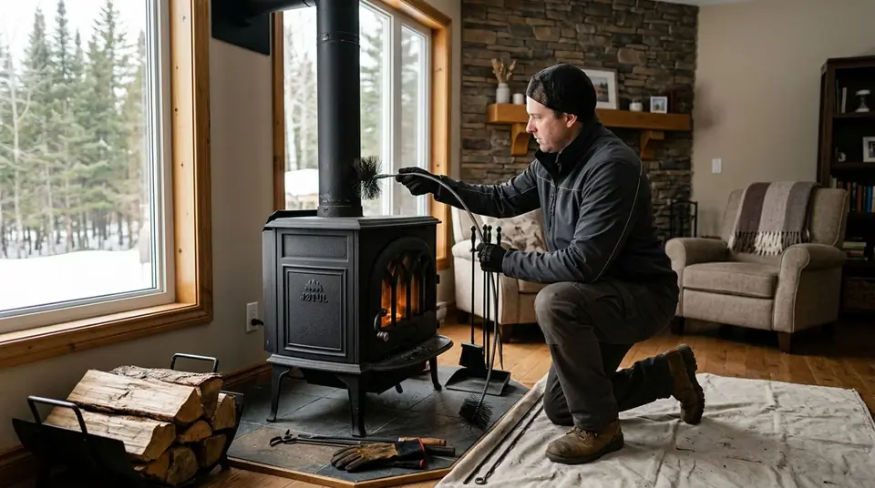 Technician performing wood stove chimney services at an Ontario home