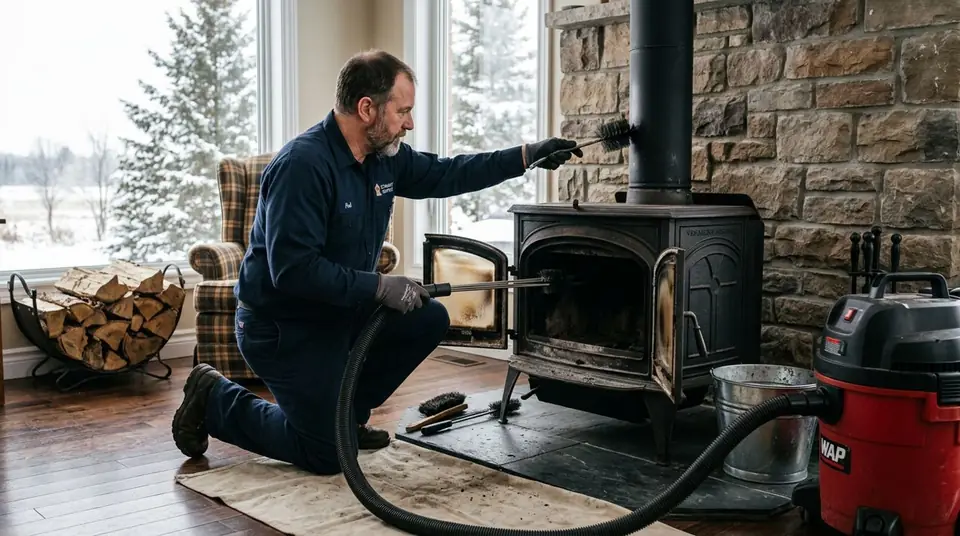 Technician performing wood stove cleaning at an Ontario home