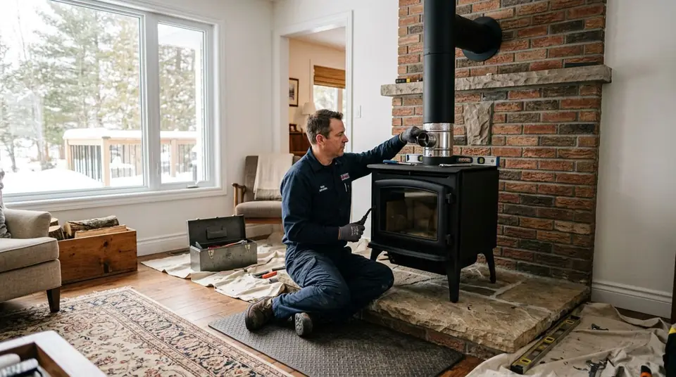 Technician performing wood stove installation at an Ontario home