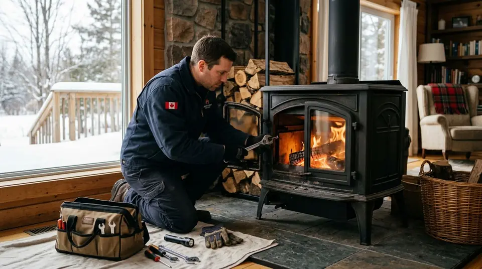 Technician performing wood stove repair at an Ontario home