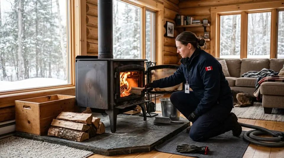Technician performing wood stove service at an Ontario home